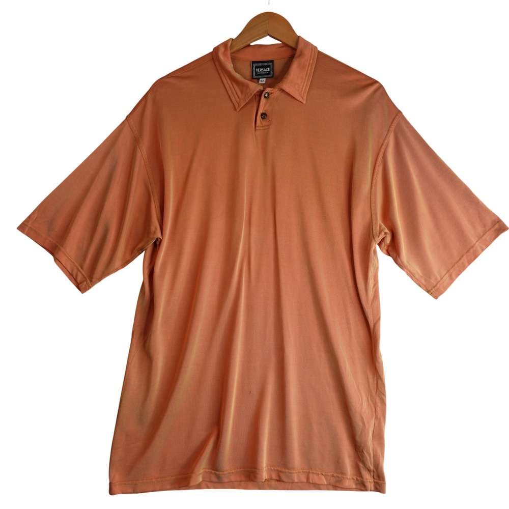 Vintage‎ 90s Versace Jeans Couture Polo Mens M Orange Iridescent Medusa Buttons